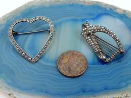 Vintage Sterling Silver Marcasite Harp & Open Heart Brooches 8.9g alternative image