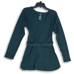 NWT Sonoma Womens Green Ribbed V-Neck Long Sleeve Belted Blouse Top Size M