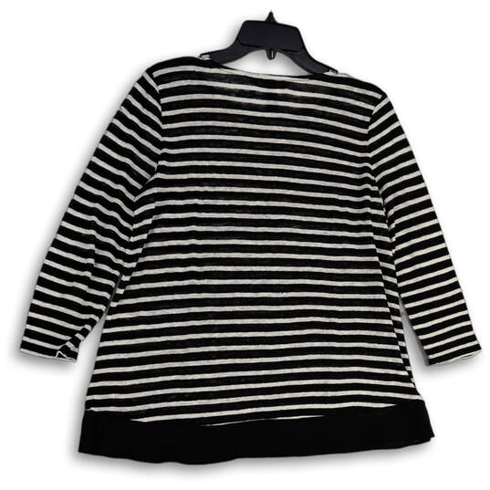 Womens Black White Striped Round Neck 3/4 Sleeve Pullover Blouse Top Sz PM image number 2