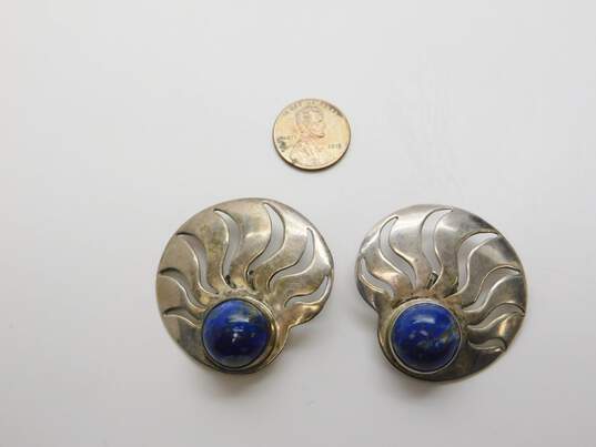 Artisan 925 Sterling Silver Lapis Lazuli Sunbeam Cut Out Statement Clip-On Earrings 31.1g image number 5