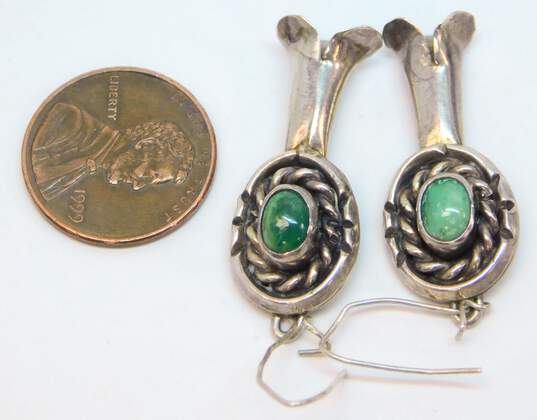 Artisan 925 Southwestern Turquoise Cabochon Rope Notched Squash Blossom Drop Earrings 6.9g image number 6