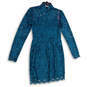 Womens Blue Floral Lace Long Sleeve Mock Neck Back Zip Sheath Dress Size 6 image number 3