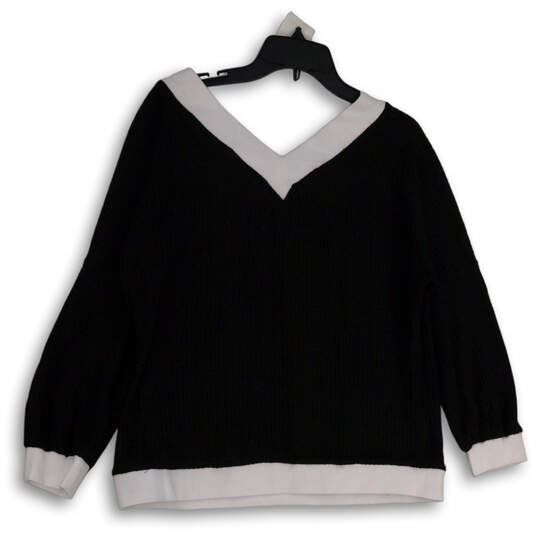 Womens Black White Knitted V-Neck Long Sleeve Pullover Sweater Size L image number 1