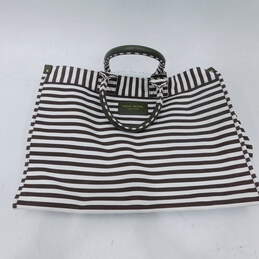 Henri Bendal Brown and White Striped Canvas Tote Bag with Green Handles