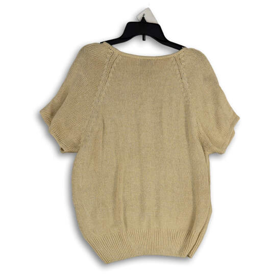 Womens Beige Tight-Knit Round Neck Short Sleeve Pullover Sweater Size 42 image number 2
