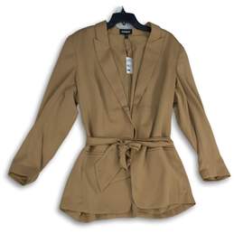 NWT Express Womens Brown Long Sleeve Peak Lapel Tie Waist Blazer Size XL