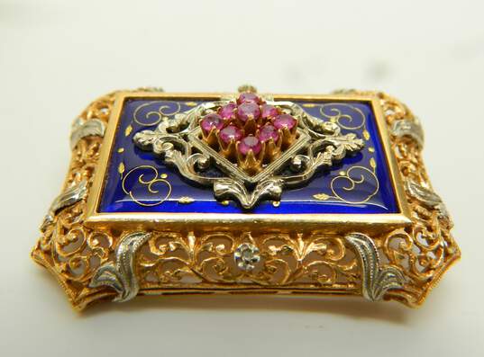 Vintage 18K Yellow Gold Ruby & Cloisonné Blue Enamel Ornate Brooch 17.4g image number 8