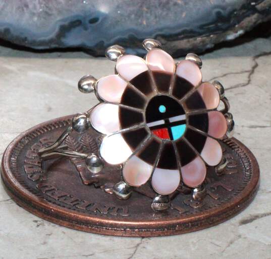 Zuni Artisan P. Longjose Sterling Silver Inlay Mother Of Pearl Cuff Bracelet image number 3