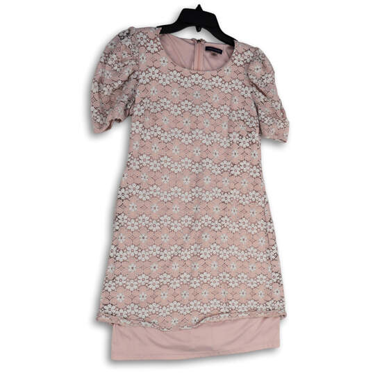 Womens Pink Floral Lace Short Sleeve Round Neck Back Zip Shift Dress Size 6 image number 1