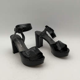 Womens Black Leather Open Toe Block Heel Ankle Strap Sandals Size 5.5 M alternative image