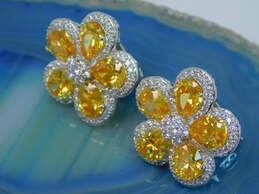 Joan Boyce Silver Tone Yellow & Clear Crystal Flower Clip Earrings 23.0g