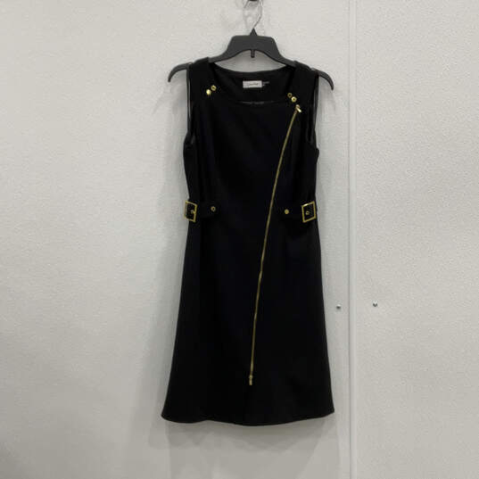 Womens Black Sleeveless Asymmetrical Zip Belted Sheath Dress Size 6 image number 1
