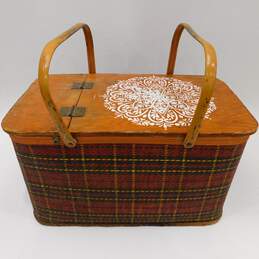 Vintage Redmon Tartan Plaid & Wood Picnic Basket