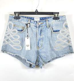 NWT Twelve By Ontwelfth Womens Blue Embroidered Cut Off Denim Shorts Size Large