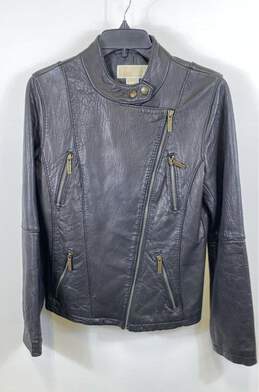 Michael Kors Womens Black Leather Long Sleeve Full Zip Motorcycle Jacket Size L