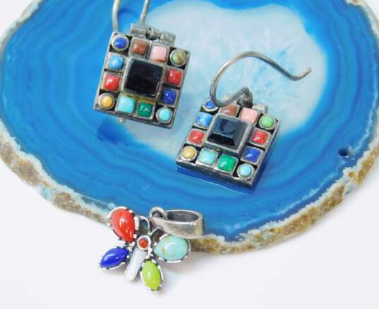 Artisan 925 Colorful Multi Faux Stones Butterfly & Square Pendants Chain Necklace & Matching Drop Earrings Set 17g image number 3