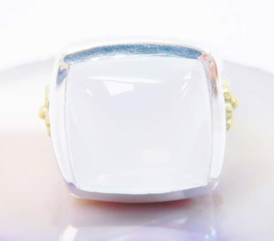 Contemporary 925 & Vermeil Accent White Chalcedony Square Cabochon Flowers Textured Chunky Ring 16.2g image number 3
