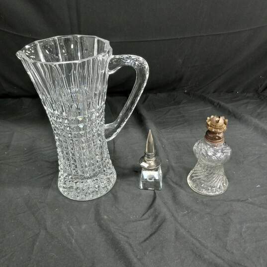 Heavy Diamond Cut Crystal Pitcher / Small Oil Lamp & Stopper Bundle image number 2