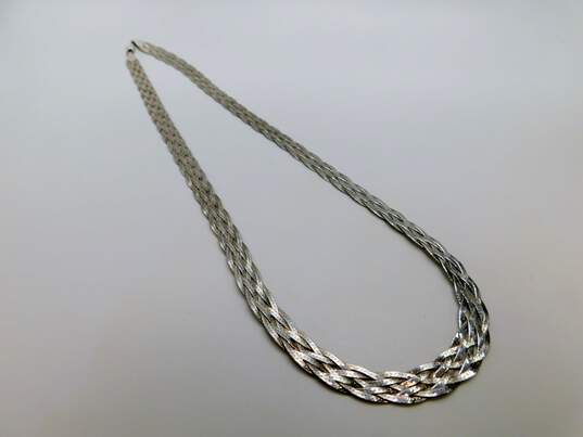Artisan 925 Braided Herringbone Chain Necklace Twisted Hoop Earrings & Faux Pearl Wavy Wide Band Ring 34.6g image number 3