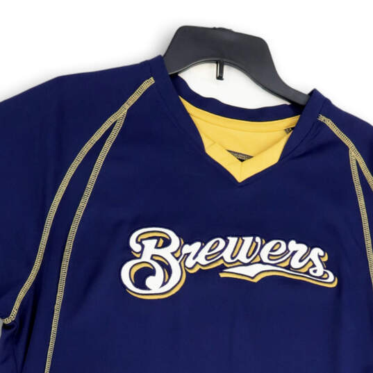 Mens Blue Milwaukee Brewers Short Sleeve Baseball MLB Jersey Size Large image number 3
