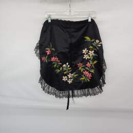 Vintage Black Satin Floral Embroidered Lace Tea Apron WM Size O/S