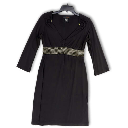 Womens Black Gold Trim 3/4 Flared Sleeve Knee Length A-Line Dress Size M image number 1