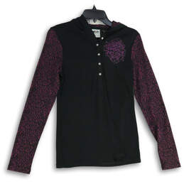 Womens Black Purple Printed Henley Neck Long Sleeve Pullover Hoodie Size M