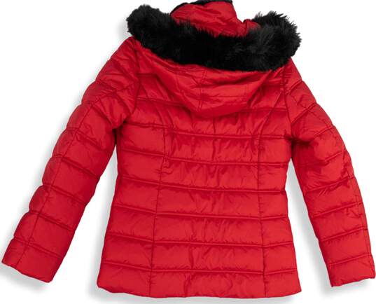 Womens Red Long Sleeve Full Zip Hooded Pocket Fur Trim Puffer Jacket Size M image number 3