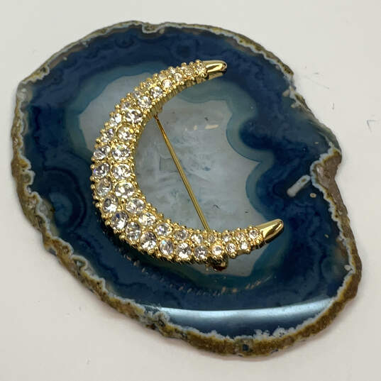 Designer Swarovski Gold-Tone Crystal Cut Stone Swan Half-Moon Brooch Pin image number 1