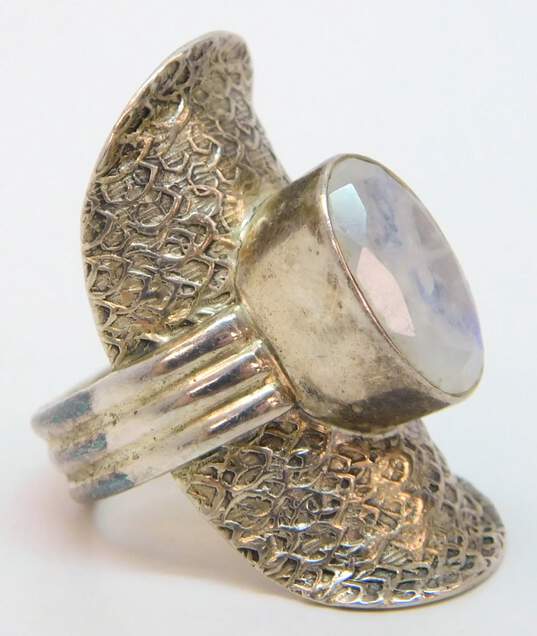 PTI India 925 Moonstone Faceted Oval Stamped Textured Ridged Band Long Saddle Ring 11.5g image number 3
