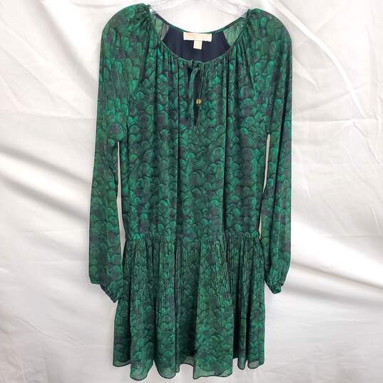 Michael Kors 'Nila' Women's Green Peacock Print Drop Waist Dress Size M image number 1