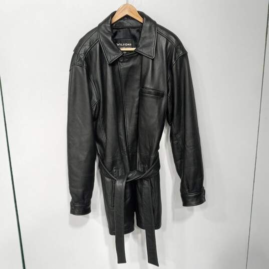 Men's Wilsons Black Leather Trench Coat Size LT image number 2