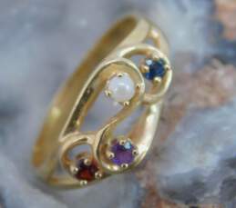 14K Yellow Gold Garnet Amethyst Sapphire Pearl Swirl Ring 3.1g