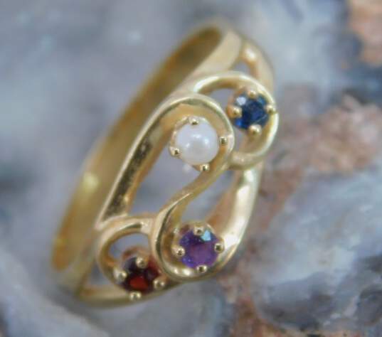 14K Yellow Gold Garnet Amethyst Sapphire Pearl Swirl Ring 3.1g image number 1