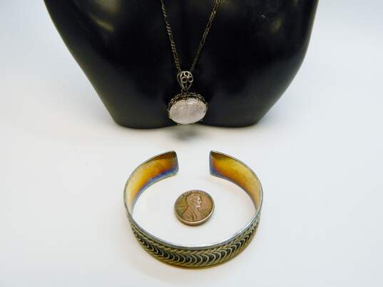 Artisan 925 Smoky Quartz Cabochon Unique Oval Pendant Necklace & Intricate Swirl & Braided Wide Cuff Bracelet 32.1g image number 4