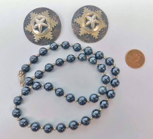 Signed TC & Artisan 925 Southwestern Puffed Star Chakana Tiered Textured Disc Dome Post Earrings & Hematite Ball Beaded Necklace 87.7g image number 5
