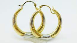 14K White & Yellow Gold Puffed Tapered Hoop Earrings 2.0g