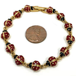 Designer Joan Rivers Gold-Tone Red Enamel Lady Bugs Chain Bracelet