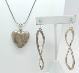 925 Sterling Silver Electroform Swirl Drop Earrings & Heart Pendant Necklace 39.6g