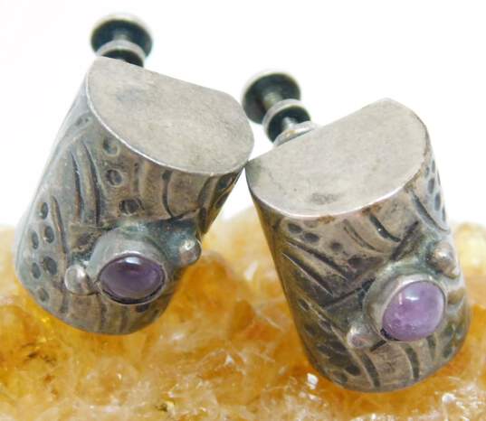VNTG 925 Sterling Silver Mexico Amethyst Cabochon Screw Back Earrings image number 3