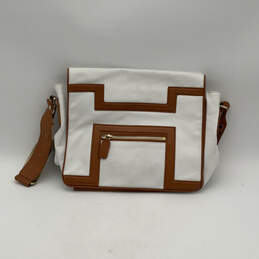 Womens White Brown Leather Inner Pockets Adjustable Strap Crossbody Bag