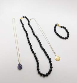 925 Vermeil Onyx Purple Crystal Lotus Flower Necklaces & Bracelet 73.1g