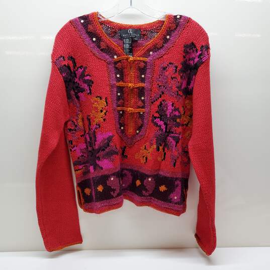VTG. Carole Little Orange Red Frog Closure Geometric Floral Tunic Knit Sweater Sz L image number 1