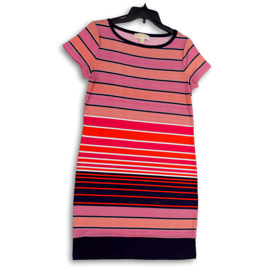 Womens Multicolor Round Neck Short Sleeve Pullover Bodycon Dress Size M image number 1