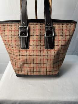 Certified Authentic Coach Tan/Red/Brown Wool Like Fabric Tote Bag