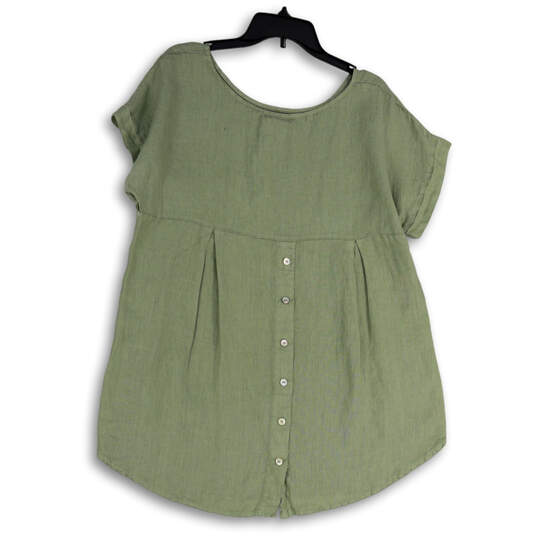 Womens Green Pleated Short Cuff Sleeve Round Neck Blouse Top Size Medium image number 4
