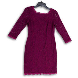 Womens Purple Floral Square Neck 3/4 Sleeve Back Zip Sheath Dress Size 2P