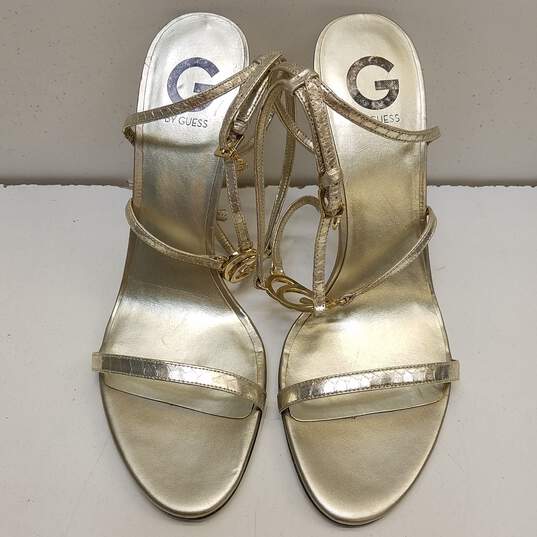 G by GUESS Roselyn Gold Leather Strap Sandal Heels Shoes Size 10 M image number 5