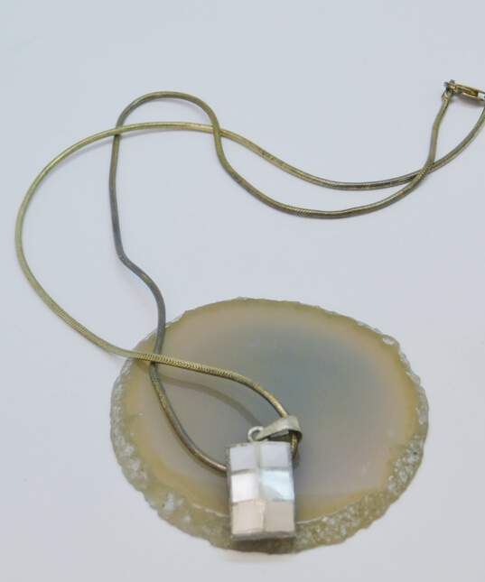 Artisan 925 Mother of Pearl Inlay Rectangle Pendant Necklace & Shell & Onyx Oval Drop Earrings & Herringbone Chain Bracelet 18.1g image number 2