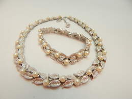 Vintage Crown Trifari Silver Tone & Faux Pearl Necklace & Bracelet Demi Parure 76.2g